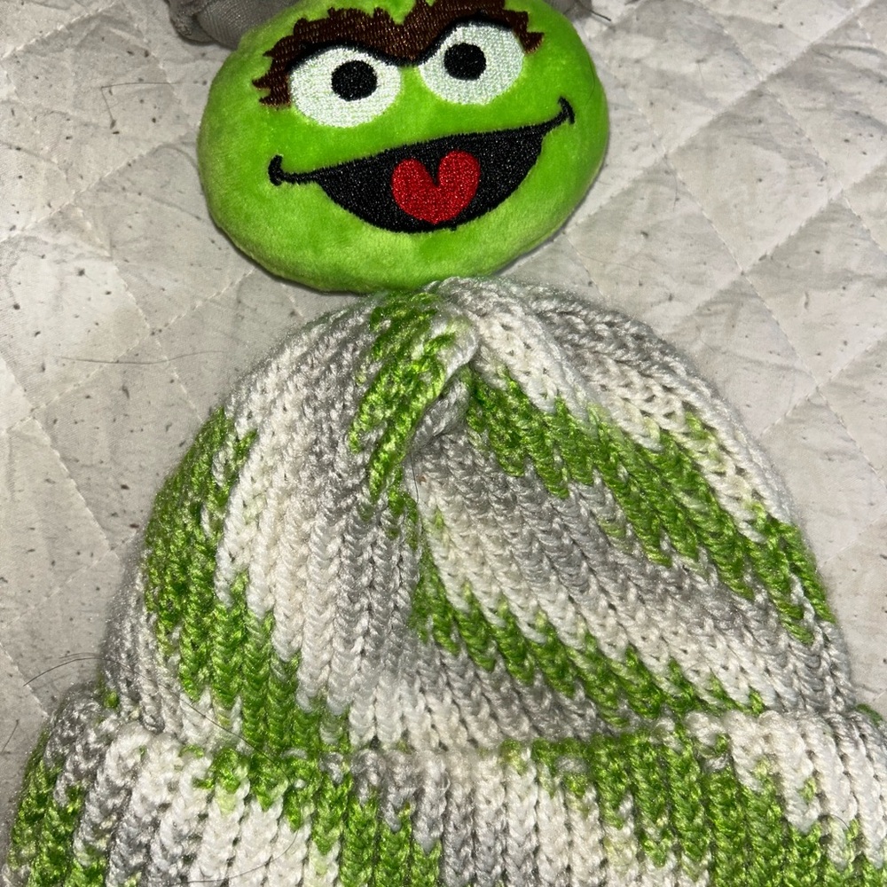 🔥 SOLD 🔥NWOT Green and White Kids Beanie with Character Design
